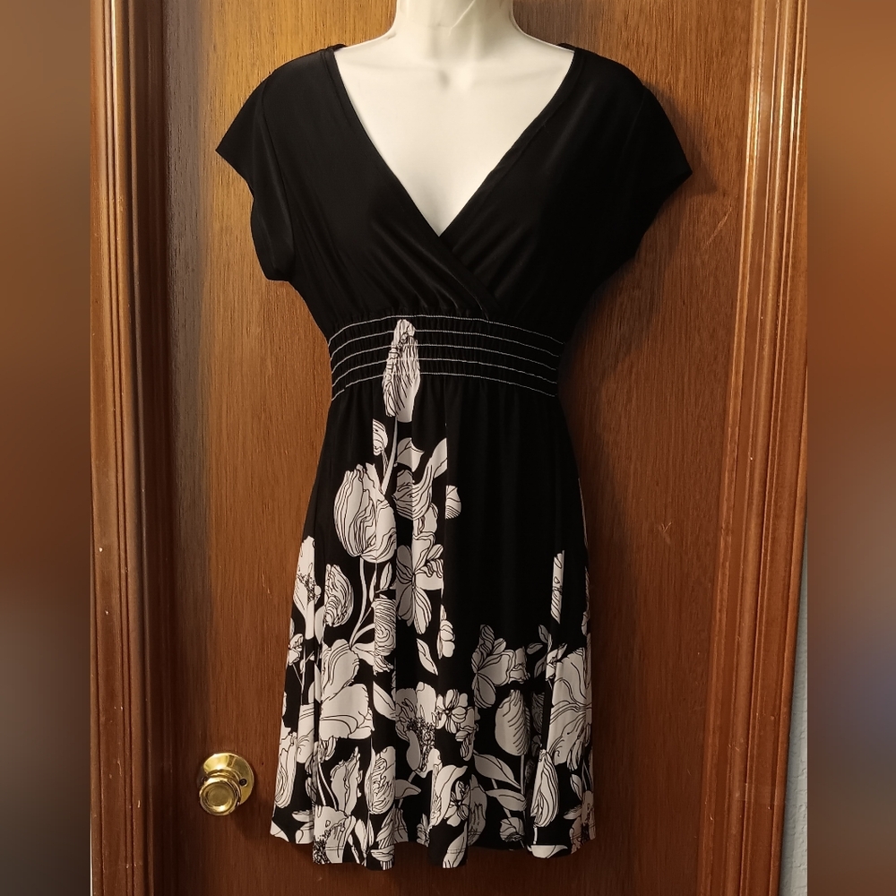 Cristina Love V-neck Black with Flowers Medium Petite Dress